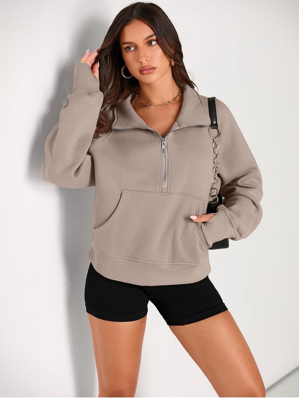 Coffeegrey Half-Zip Cropped Women’s Pullover Fleece Sweatshirt